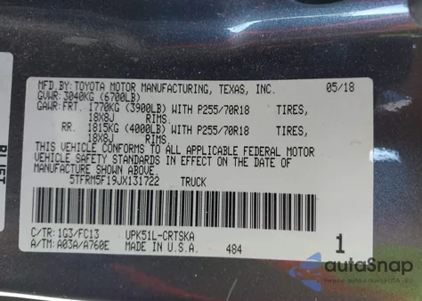 2018 Toyota Tundra Sr5 4.6L V8 из США, поврежденный, VIN 5TFRM5F19JX131722